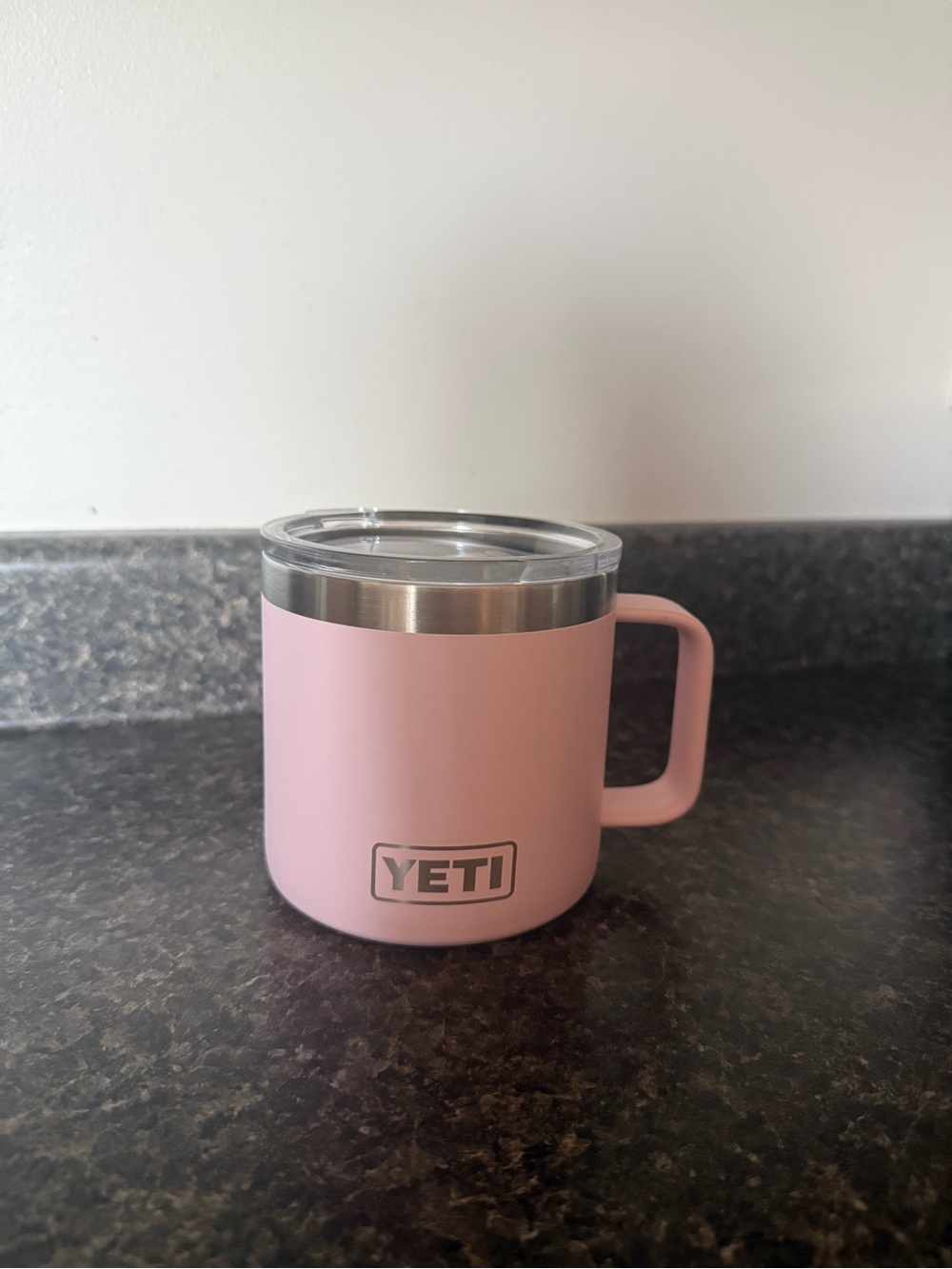 Yeti Powder Pink Insulated Mug with Handle and Clear Lid